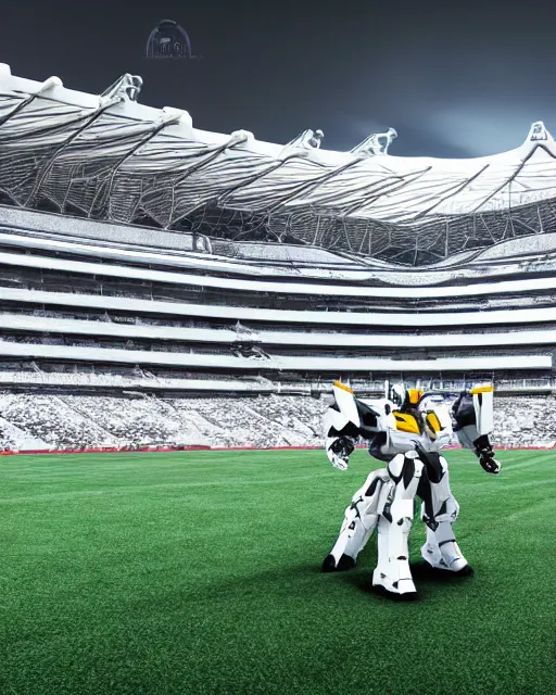 Image similar to a futuristic stadium with a giant black and white gundam on the field, unreal engine, hyper realism, realistic shading, cinematic composition, realistic render, octane render, detailed textures, photorealistic, wide shot