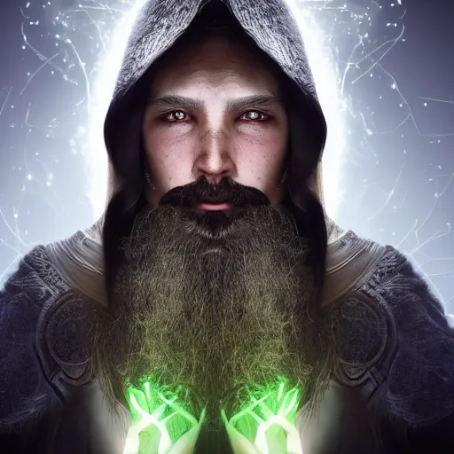 Prompt: a male wizard, glowing, frontal view, cool looking, high resolution