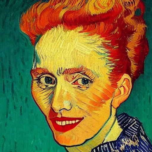 Prompt: a portrait of katja schuurman smiling in the style of vincent van gogh, artistic, colorful, vibrant, art, high fashion