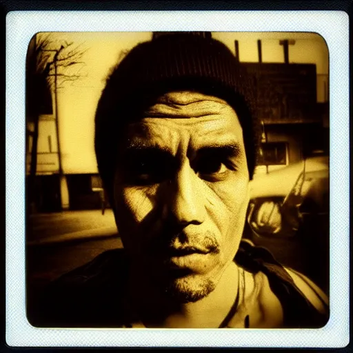 Prompt: polaroid picture, sepia, homeless manu chao in the streets of bogota, perfect face, symmetrical face, fine details, day setting, ethereal, trending on artstation