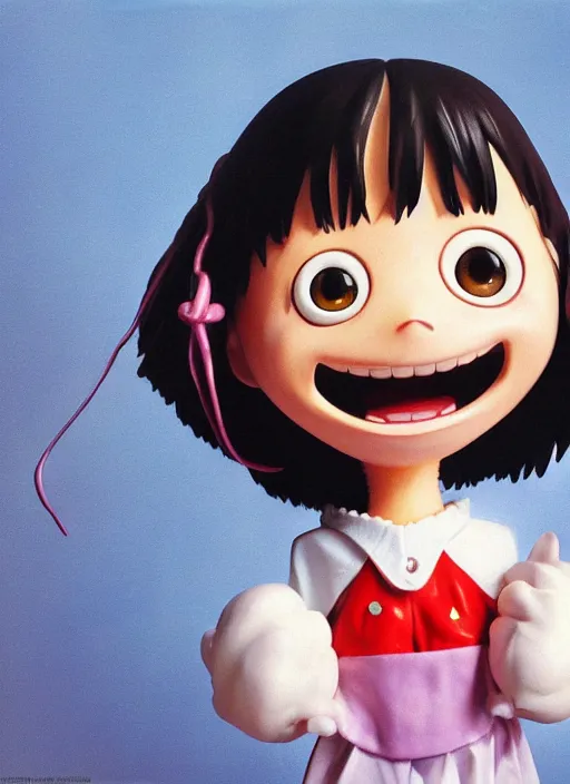 Prompt: a hyperrealistic oil panting of a looney kawaii anime girl figurine caricature with a big dumb goofy smile featured on Wallace and Gromit by Studio Ghibli