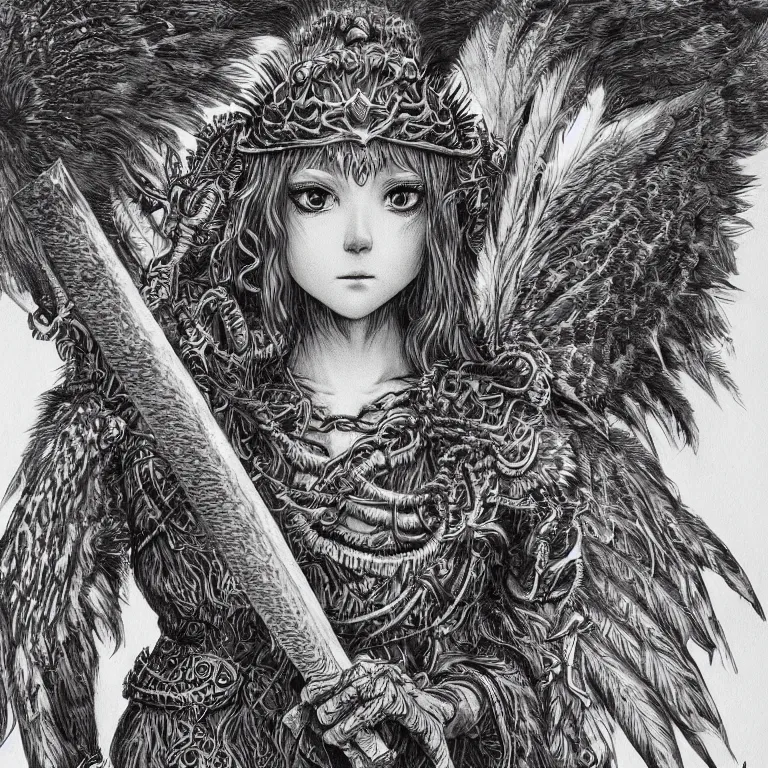 Image similar to young owl goddess, realistic proportions, sharp focus, beautiful face, in feather armor, wielding an owl axe, symmetrical, highly detailed, engraving kentaro miura manga art style trending on artstation 8 k