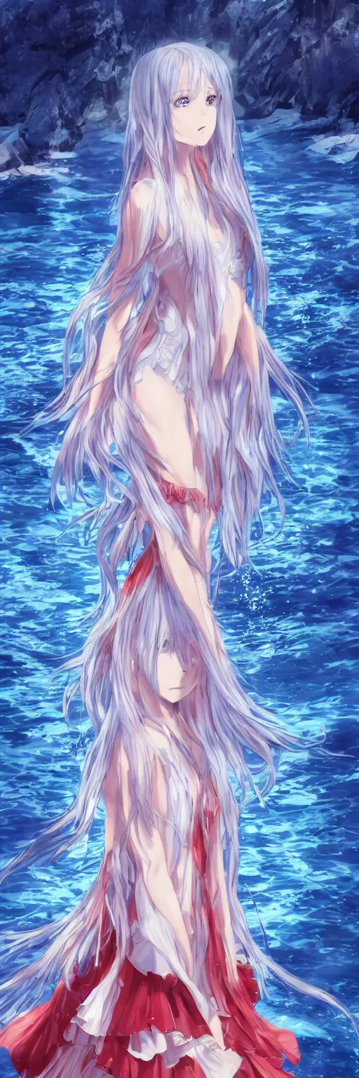 Prompt: advanced digital anime art, a very cute gorgeous teenage girl wearing a dress made of water standing in a reflective lake, full body, very long snow colored hair, sky blue highlights in hair, red fiery watery eyes, full round face, dramatic cinematic lighting, wideshot, highly intricately detailed, trending on pixiv, Artstation, painted by Rossdraws and the style of Sakimimichan