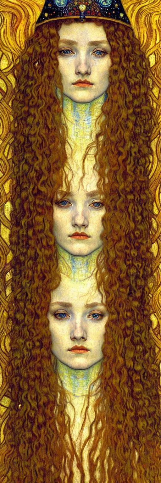 Image similar to detailed realistic beautiful young medieval queen face portrait by jean delville, gustav klimt and vincent van gogh, art nouveau, symbolist, visionary, gothic, pre - raphaelite, muted earthy colors, desaturated