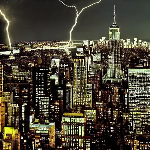 Image similar to giant hulk hogan appears above new york with lightning powers, photograph,