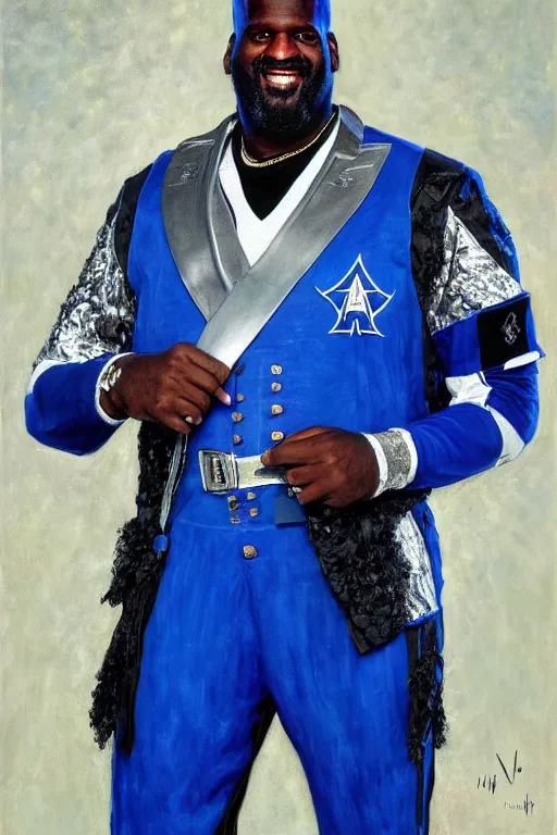 Image similar to full body portrait of shaquille o'neil as the dictator of the orlando magic, 1 8 8 9, in full military garb, magic blue, silver, and black,, oil on canvas by william sidney mount, trending on artstation