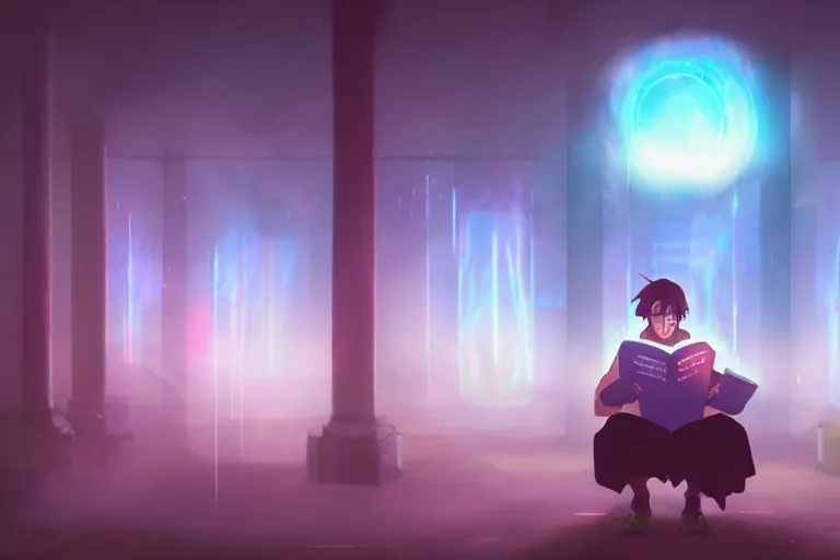 Image similar to an anime wizard reading a book, misty, glows, digital art, hazy, foggy, ambient lighting, 8 k, neon, synthwave,