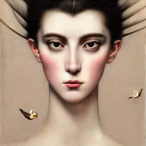 Image similar to highly detailed ilustration of a beautiful cute girl with birds, endless black hair, with pale skin, by nicola samuri, by dino valls, by m. w. kaluta, rule of thirds, seductive look, 4 k resolution