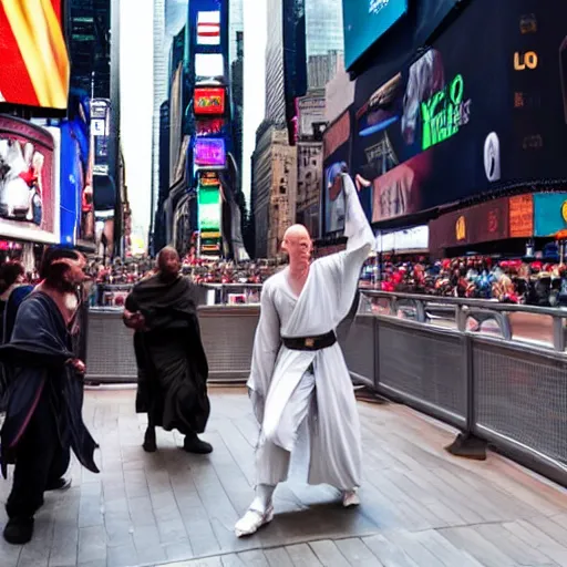 Image similar to a jedi in a battle with voldemort among the people in times square