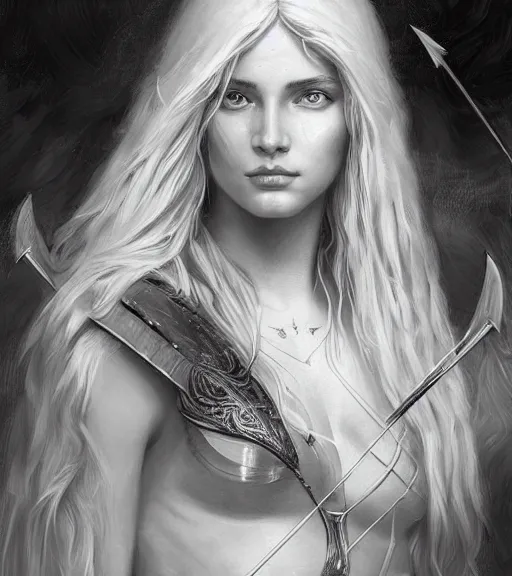 Image similar to portrait of very beautiful aphrodite goddess as an archer, arrow, beautiful piercing eyes, flowing blonde hair, realistic face, black and white drawing, in the style of greg rutkowski, fantasy, amazing detail, epic, intricate, elegant, smooth, sharp focus