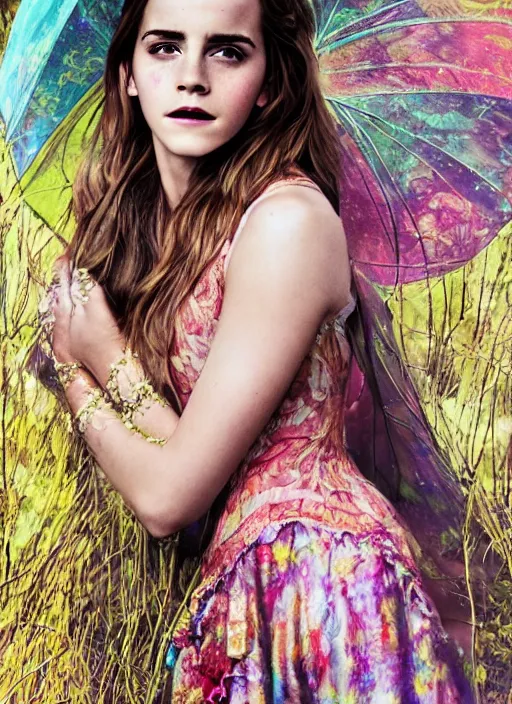 Prompt: Emma Watson for Victorian Secret, perfect face, hot summertime hippie in the rain, psychedelic, full length shot, XF IQ4, 150MP, 50mm, f/1.4, ISO 200, 1/160s, natural light, Adobe Photoshop, Adobe Lightroom, DxO Photolab, Corel PaintShop Pro, rule of thirds, symmetrical balance, depth layering, polarizing filter, Sense of Depth, AI enhanced