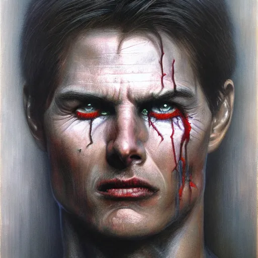 Image similar to portrait of demonic Tom Cruise in hood and crown of thorns, dark fantasy, Warhammer, artstation painted by Zdislav Beksinski and Wayne Barlowe