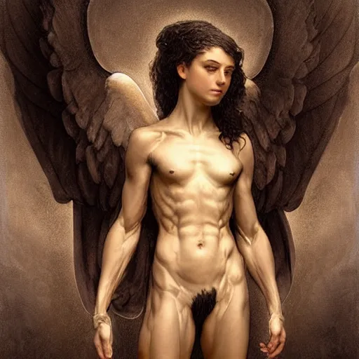Prompt: muscular Angel standing in the front of gates of hell . Angel is clothed with black toga. angel is draped with bones. Digital painting. Art station. Mood lighting. Skindness, highly detailed, concept art, intricate, sharp focus, einar jonsson and bouguereau - h 1200-n 9