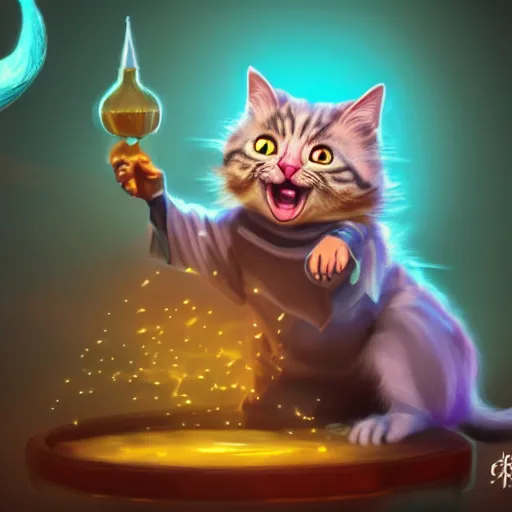 Image similar to wizard is laughing at a small cat, dynamic pose, chromatic aberration, medium level shot, comedy, fantasy, illustration, concept art,