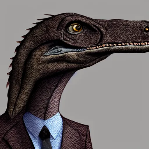 Image similar to velociraptor wearing a suit, photorealistic