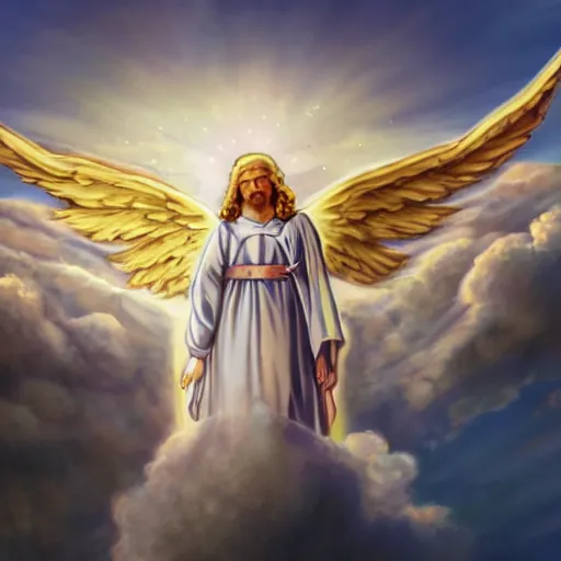 Prompt: biblically accurate angel ophanim floating over the clouds