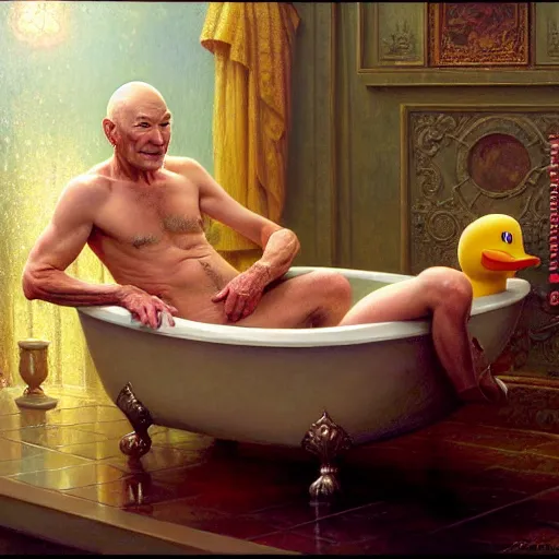 Prompt: fully clothed patrick stewart in a bathtub with a rubber duck, highly detailed painting by gaston bussiere, j. c. leyendecker, greg rutkowski, craig mullins 8 k