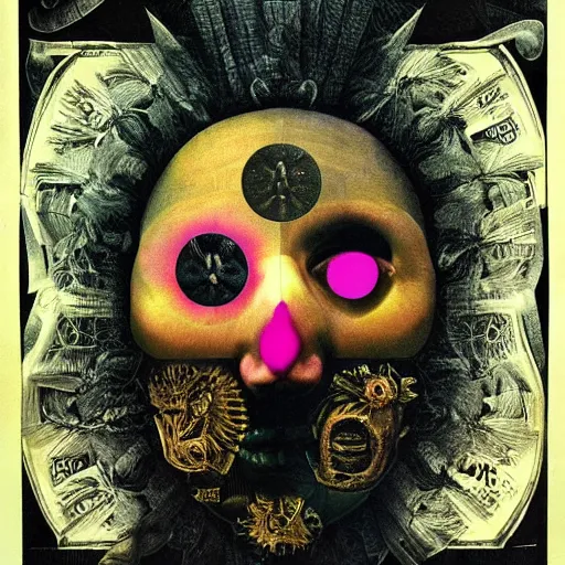 Image similar to new age album cover, asymmetrical design, contains no faces, highly detailed, dollar bank notes, capitalism, magic, apocalypse, psychedelic poster, black white pastel pink, slightly holographic, magic, giger h. r., giuseppe arcimboldo, peder balke