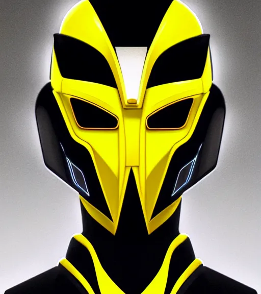 Image similar to symmetry!! yellow power ranger, thunder - bolt - shaped eye!!, hard edges, product render retro - futuristic poster scifi, electric and neon circuits, intricate, elegant, highly detailed, digital painting, artstation, concept art, smooth, sharp focus, illustration, dreamlike, art by artgerm