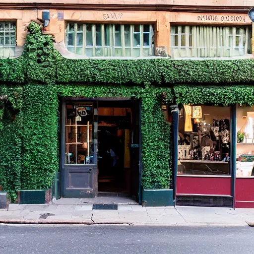 Prompt: a row of shops on main street shot straight-on, one of the shops has ivy pouring out of the door