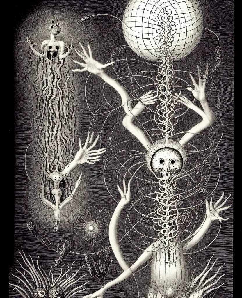 Image similar to whimsical freaky creature sings a unique canto about'as above so below'being ignited by the spirit of haeckel and robert fludd, breakthrough is iminent, glory be to the magic within