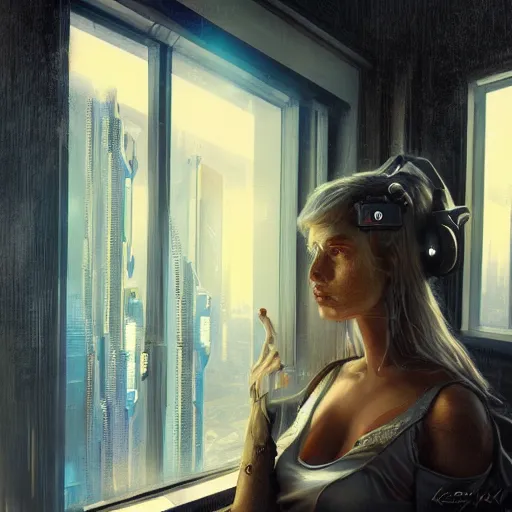 Image similar to portrait of cyberpunk woman looking out of a window, cyberpunk setting, futuristic, highly detailed, intricate lighting, digital painting, sharp focus, illustration, trending on artstation, art by karol bak.