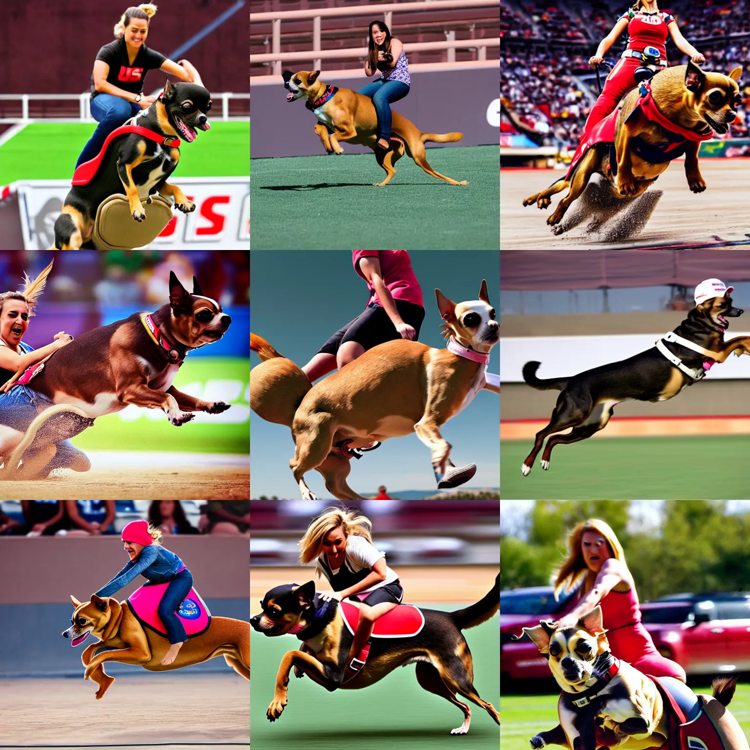Prompt: action shot of a woman riding on a giant chihuahua, action photography, sports photography, espn