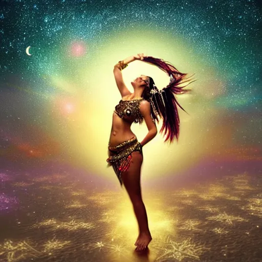 Prompt: Belly dancer looking at a starry sky, epic, digital art, highly detailed, soft light