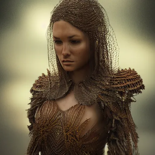 Image similar to a regal brown woman wearing an intricate and detailed armor made of dew drops. multiple layers. reflections. morning dew. textures. delicate. translucent. studio portrait. photorealistic. octane render