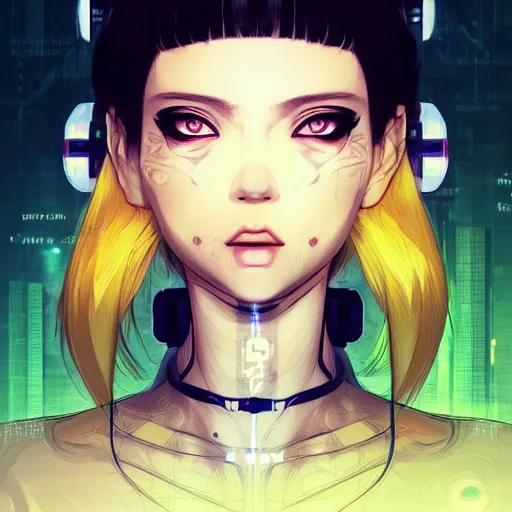 Image similar to portrait Anime girl cyberpunk, cute-fine-face, dark skin, white-hair pretty face, realistic shaded Perfect face, fine details. Anime, cyberpunk. realistic shaded lighting by Ilya Kuvshinov and Gustav Klimt