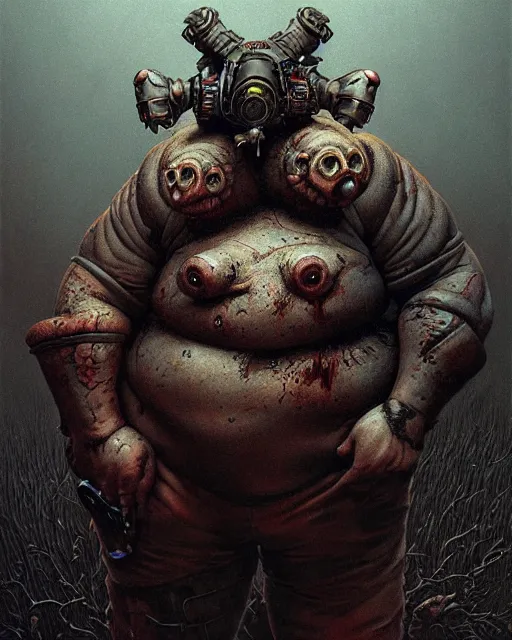 Prompt: roadhog from overwatch, character portrait, portrait, close up, concept art, intricate details, highly detailed, horror poster, horror, vintage horror art, realistic, terrifying, in the style of michael whelan, beksinski, and gustave dore