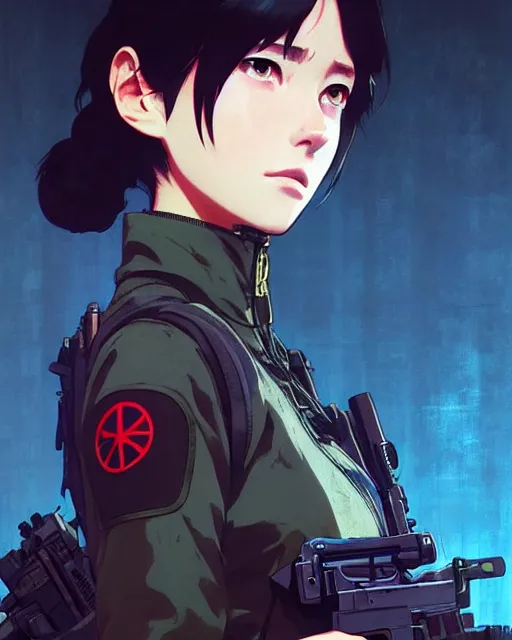 Image similar to girl wearing in tactical gear | | audrey plaza, fine detail!! anime!! realistic shaded lighting!! dramatic!! poster by ilya kuvshinov katsuhiro otomo ghost - in - the - shell, magali villeneuve, artgerm, jeremy lipkin and michael garmash and rob rey