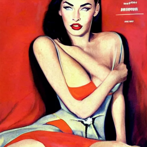 Prompt: “Megan Fox portrait, color vintage magazine illustration 1950”