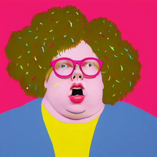 Prompt: colorful and festive cute young plus size todd solondz with tan skin, clear sharp todd solondz face, wearing yellow floral blouse. full body, rich vivid pastel colors, ambient lighting, dynamic lighting, 4 k, atmospheric lighting, painted, intricate, highly detailed by francis bacon and charlie bowater and damien hirst