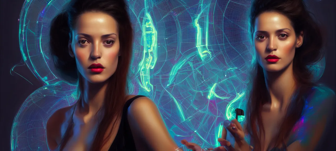 Image similar to beauty young spanish woman with long black portrait in holograms of The Zero Theorem artifacts, electrical case display, The Zero Theorem tech, ultrarealistic, dramatic lighting, electrical details, high details, 4k, 8k, best, accurate, trending on artstation, artstation, photorealism, ultrarealistic, digital painting, style of Peter Mohrbacher, Caravaggio, Boris Vallejo