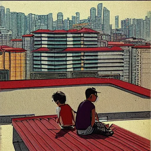 Prompt: art of two singaporean students sitting on the roof of a hdb flat, by moebius