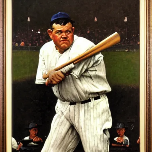 Image similar to a portrait painting of Babe Ruth. Painted by Norman Rockwell