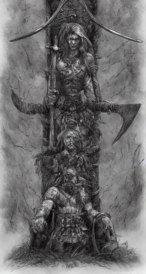 Prompt: grave of a viking warrior, dark fantasy, inspired by iain mccaig, trending on artstation. com