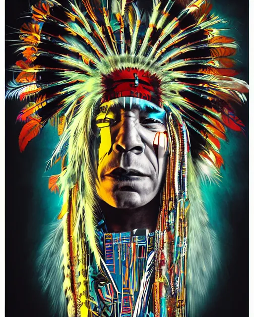 Prompt: a cyberpunk portrait of a native american indian chief by jean - michel basquiat, by hayao miyazaki by artgerm, highly detailed, sacred geometry, mathematics, snake, geometry, cyberpunk, vibrant, water