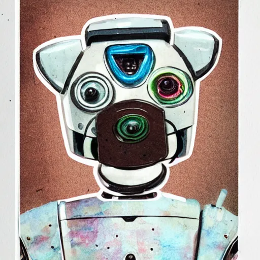 Image similar to a detailed illustration of a cute retro robot dog, alcohol inks on parchment, muted colors, detailed, coherent, white background, concept art