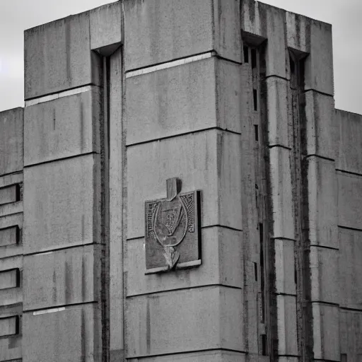 Image similar to a huge brutalist building with roman empire insignia hanging from the top of it