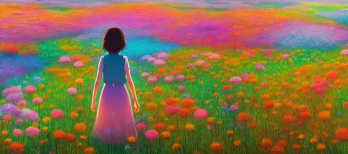 Image similar to a beautiful ultra - detailed panorama of a girl walking through a field of colorful flowers by beeple, studio ghibli, makoto shinkai, wallpaper, highly detailed, trending on artstation, anime