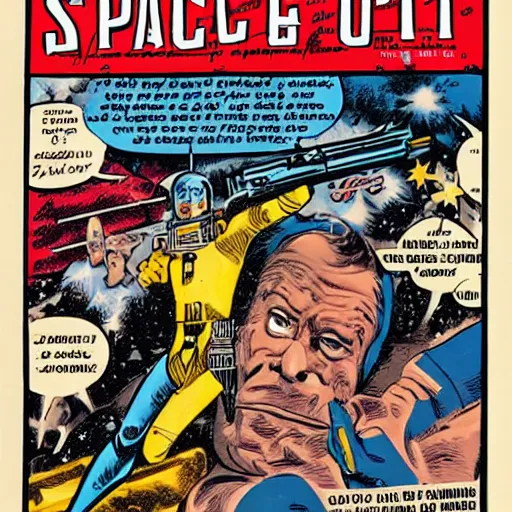 Prompt: space opera gunfight, in the style of feldstein, johnny craig, wally wood, and jack davis