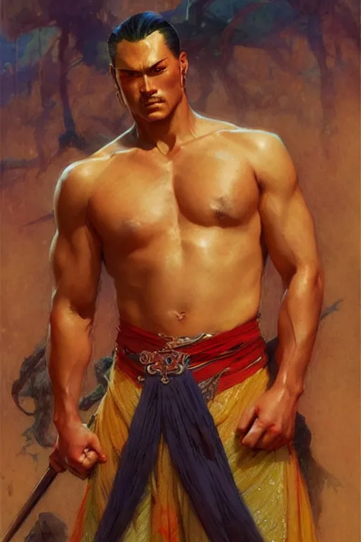 Image similar to wuxia, beefy male, character design, colorful, painting by gaston bussiere, craig mullins, j. c. leyendecker, tom of finland