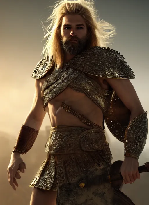 Image similar to portrait of a spartan hoplite hero, long blond hair and beard, perfect facial symmetry + dim volumetric lighting, 8k octane beautifully detailed render, post-processing, extremely hyperdetailed, intricate, epic composition, grim yet sparkling atmosphere, cinematic lighting + masterpiece, trending on artstation