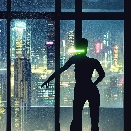 Prompt: a female cyborg looks out a window at the skyline of a raining neon city