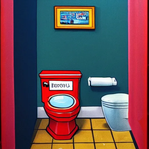 Prompt: photograph of a toilet. the toilet is covered in a painting by richard scarry