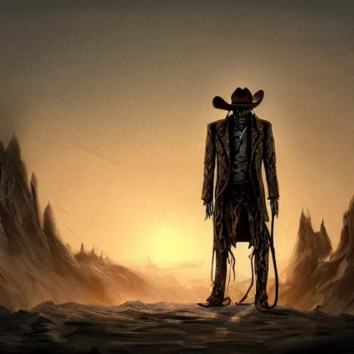 Image similar to a wounded skeleton cowboy in a long coat watching a sunset, concept art, DeviantArt, art station, illustration, highly detailed, artwork, cinematic, hyper realistic