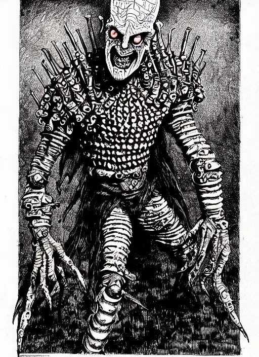 Image similar to the cenobite pinhead as a d & d monster, pen - and - ink illustration, etching, by russ nicholson, david a trampier, larry elmore, 1 9 8 1, hq scan, intricate details, high contrast