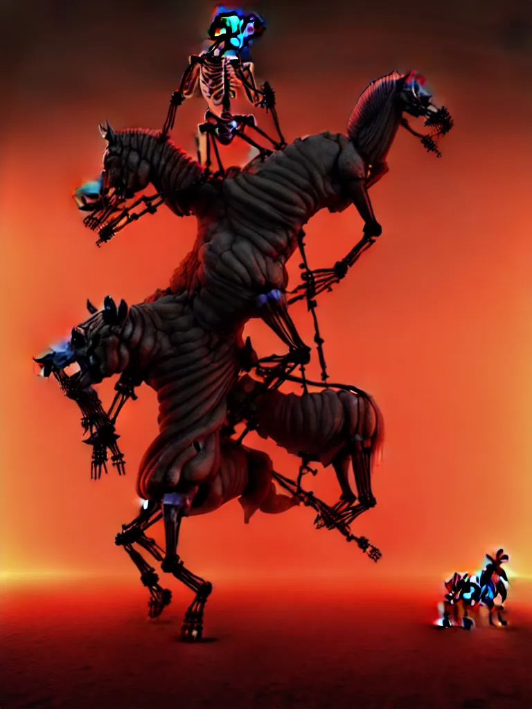 Prompt: donald trump is a tumor growing out of vladimir putin's shirtless chest while riding a skeletal horse in an infernal hellscape, long exposure photograph, surrealism, anamorphic, atmospheric fog, octane render, cinematic